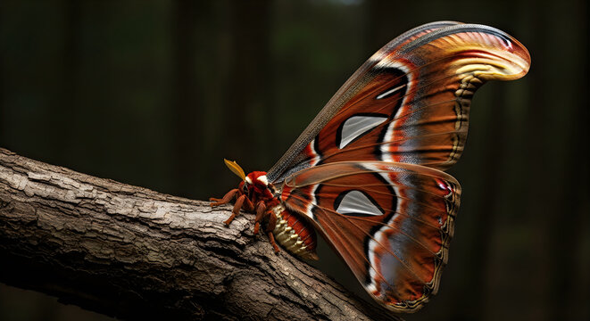 Atlas Moth Resting on Branch Large Wingspan


