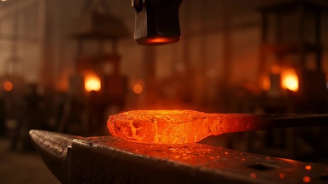 Glowing hot metal on the anvil being hammered in a blacksmith's shop