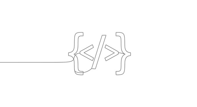 Minimalist code brackets icon, single line drawing, programming concept