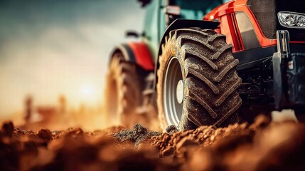 A red tractor plows through the soil, ready for planting in the agricultural field.