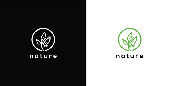 Nature Logo Green Leaf in Circle White  Black Backgrounds.