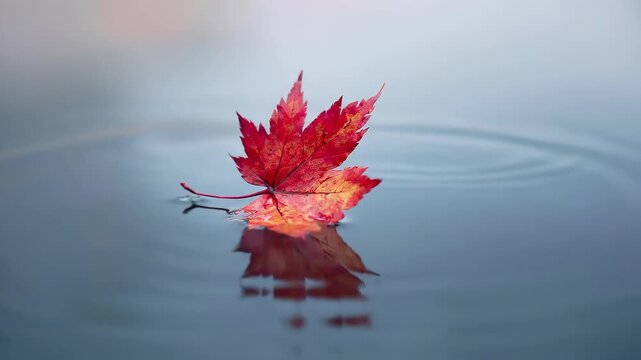 A single red maple leaf floats on calm blue water; its vivid reflection mirrors beneath; a serene close-up with a soft, dreamlike background.