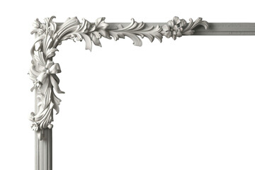 White plaster ornate architectural decorative corner featuring rococo style floral garland with leaves, flowers, and a bow on a transparent background