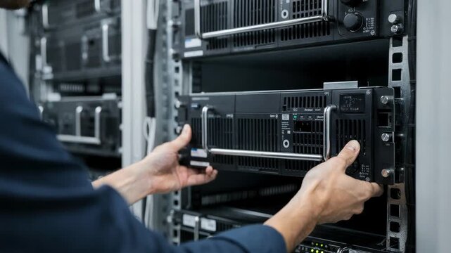 Swapping rackmounted batteries in a telecom cabinet camera focusing on the main battery being replaced while the rest of the rack fades into soft focus.