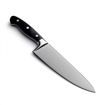 Sharp stainless steel kitchen knife with black handle isolated on a clean white background, professional cooking utensil used for cutting and food preparation.