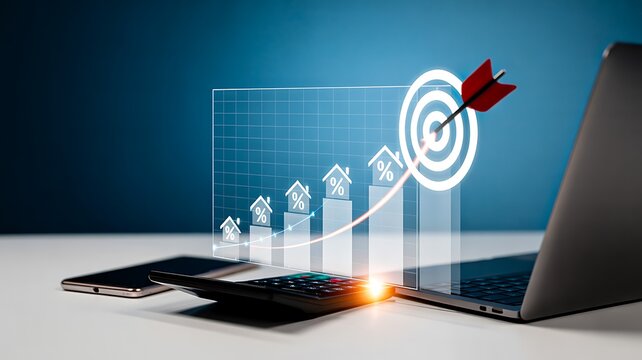 Business target growth concept with laptop smartphone and digital arrow chart