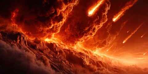 Fiery meteor shower raining down on a volcanic mountain range under an apocalyptic sky
