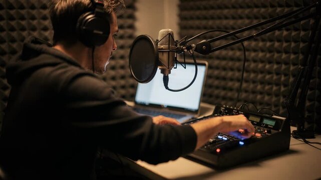 Solo podcaster adjusting mixer settings in a small intimate recording booth featuring outoffocus acoustic panels and a laptop.