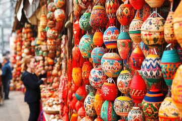 Colorful handmade lanterns displayed at a vibrant market stall