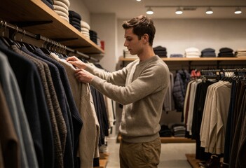 Naklejka premium A customer carefully inspects sweater labels amidst a winter clothing selection in a bustling retail store's cozy interior.
