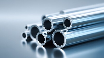 Fototapeta premium Close-up of shiny metallic pipes with a smooth reflective surface and blueish tint