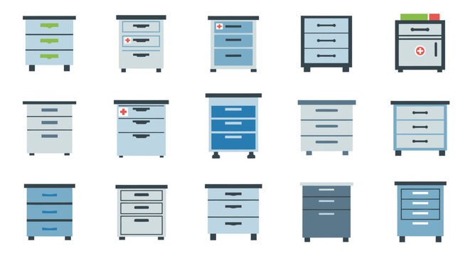 Various medical bedside cabinets with drawers some on wheels flat vector illustration set.