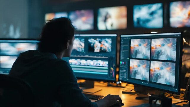 A person sits at a multi-monitor workstation in a dim, neon-lit room, monitoring vivid graphics across screens; futuristic tech workspace