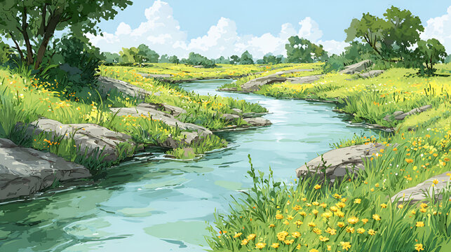 Hand-drawn style illustration materials of fields, streams and grasslands
