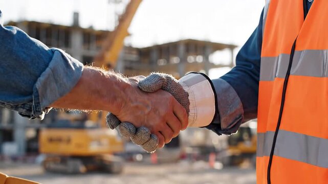 Construction workers shaking hands on a building site with heavy machinery in the background.