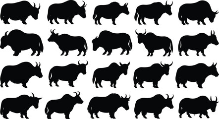 Fototapeta premium Zebu cattle silhouette collection. Humped bull and cow walking and standing poses. Tropical farm livestock animals isolated, zebu bovine vector set.