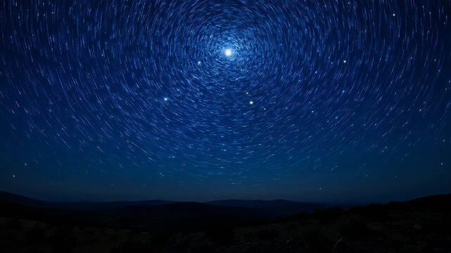 Rotating star trails in a dark blue night sky above mountains