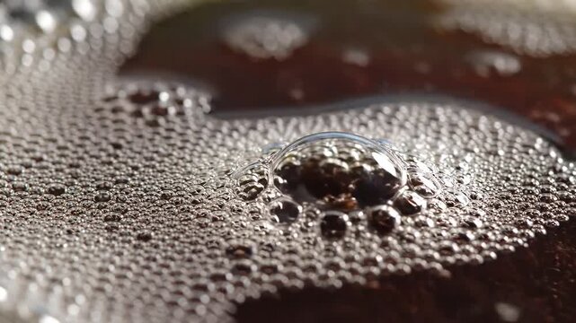 Close up macro shot of dark brown liquid with many small bubbles.