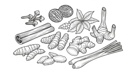 Obraz premium Assortment of Aromatic Spices - Cinnamon, Nutmeg, Star Anise, Ginger, Turmeric, Lemongrass.