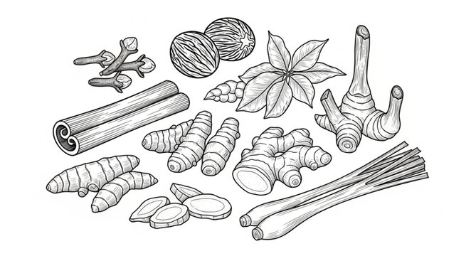 Assortment of Aromatic Spices - Cinnamon, Nutmeg, Star Anise, Ginger, Turmeric, Lemongrass.