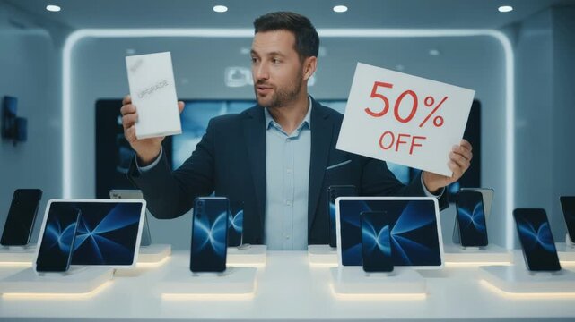 Medium shot of a reseller presenting a discounted phone upgrade with premium devices in the background gently blurred for emphasis.