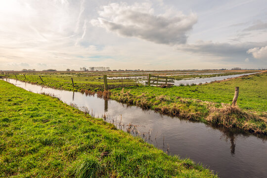High water level in a ditch in an agricultural polder landscape in the Dutch province of North Brabant. The photo was taken on a cloudy winter day.