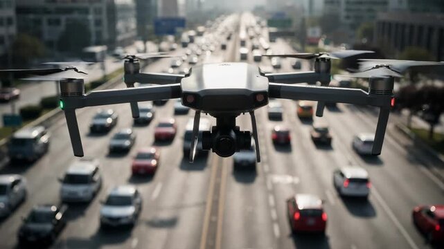 Medium shot of a drone flying over busy traffic with the camera focused on the aerial view while the transmission unit sits out of focus in the frame.