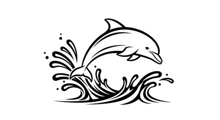 Fototapeta na wymiar Dolphin Leaping from Ocean Waves - Black and White Illustration.