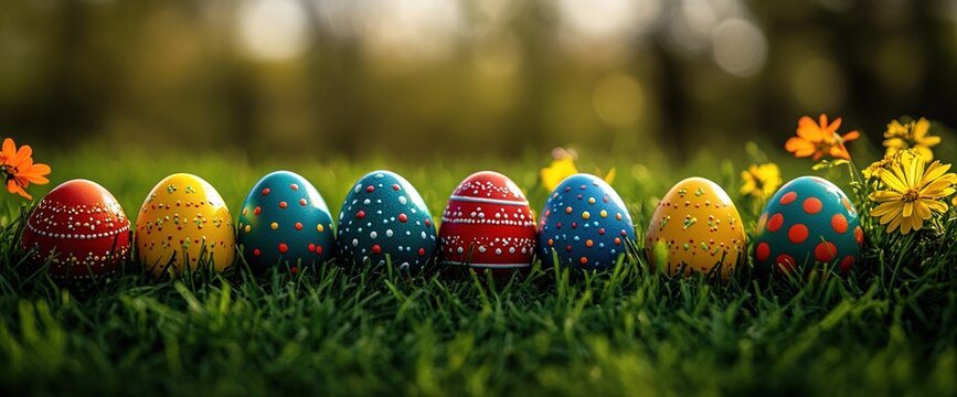 colorful easter eggs in a row on green grass with a blurred background of flowers and trees, wide banner