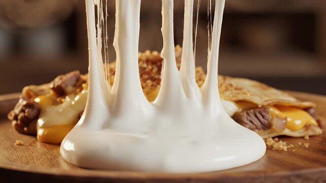 Close Up Of Delicious Meat And Cheese Filled Quesadilla Cut In Half Showing Molten Cheese Pull And Served With Sour Cream On Wooden Plate With Soft Focus Background