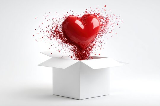 Exploding red heart bursting out of a white open box with particles flying