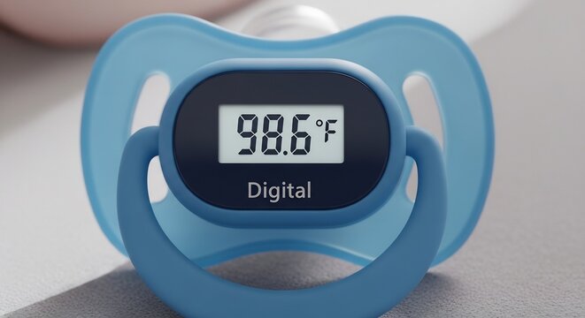 Digital Pacifier Thermometer Displays 98.6 Degrees Fahrenheit for Baby Health Monitoring.