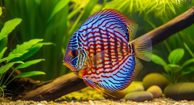 Symphysodon discus colorful fish swims, a freshwater perciform popular aquarium species