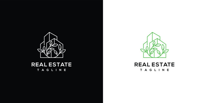 Green Real Estate Logo with Building and Leaves - Eco-Friendly Property.