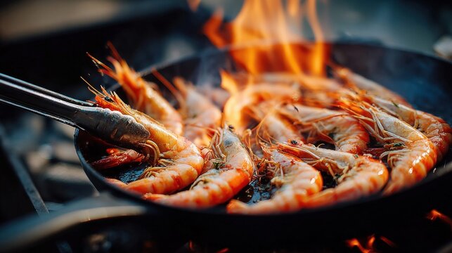 Close-up of fresh prawns sizzling in a hot pan with flames licking the sides