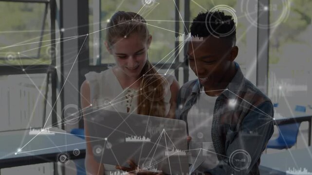 Animation of connections over happy diverse students using technology at school