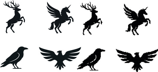 Fototapeta premium Four black silhouette animals deer unicorn raven and eagle on transparent background
