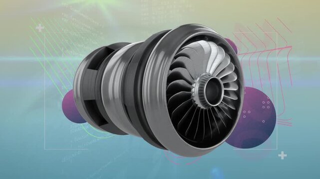 Animation of digital engine over shpes with data processing on green background