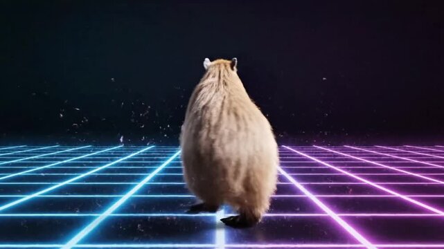 Capybara dances on a colorful grid in a lively setting with sound and lights at night with bright animations