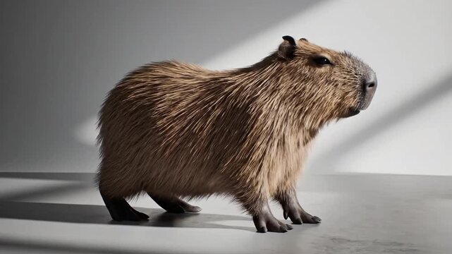 Capybara dances across the room in a fun and lively manner during an afternoon playtime session