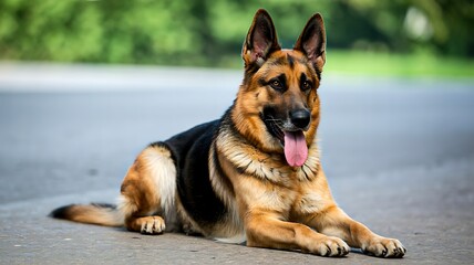 German shepherd dog lying on floor with natural background