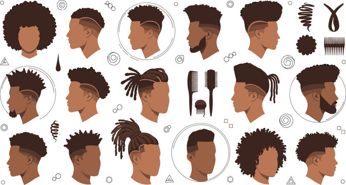 Black Men Hairstyles Collection with Afro, Fade, Dreadlocks, Braids and Curly Hair Styles for Barbershop Guide, Grooming Fashion and Haircut Illustration Set