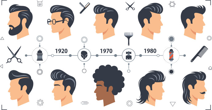Men Hairstyles Evolution Timeline with Vintage and Modern Haircuts from 1920 to 1980 for Barbershop Fashion History and Grooming Style Illustration