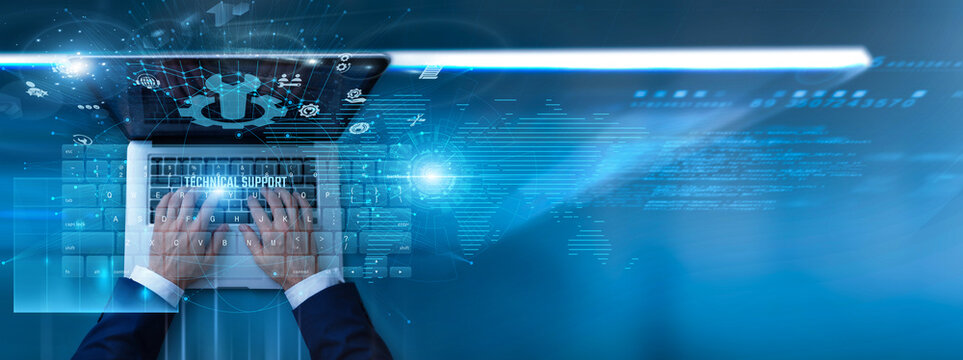 IT specialist using laptop with technical support system on keyboard and analyzing customer tickets, troubleshooting data, system errors, assistance reports, and problem resolution metrics.