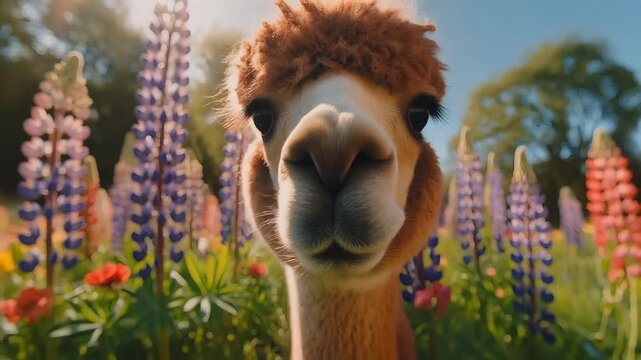 Cute alpaca standing in a field of lupines