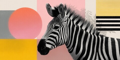 Fototapeta premium Abstract modern collage featuring a zebra head with geometric shapes and floral elements