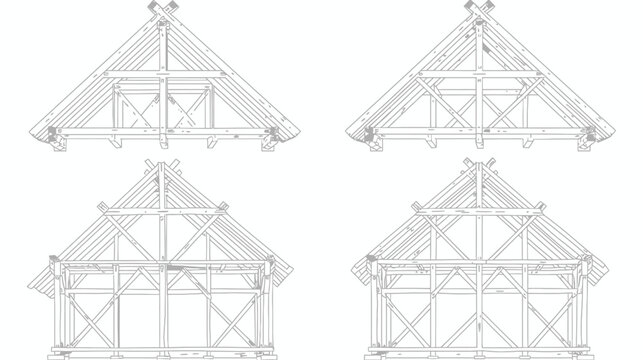 Architectural schematics showcasing various views of a timber-framed construction