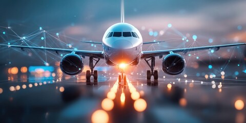 Fototapeta na wymiar Modern airplane on runway with digital network overlay, symbolizing aviation technology