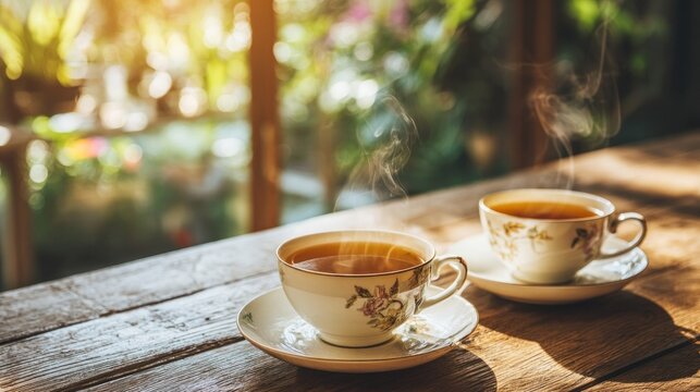 Steaming cups of tea on a rustic wooden table in natural sunlight
