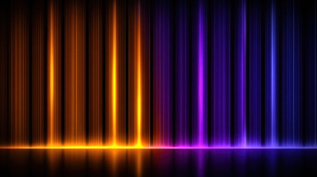 Abstract vertical glowing lines of orange and purple light on a dark reflective surface